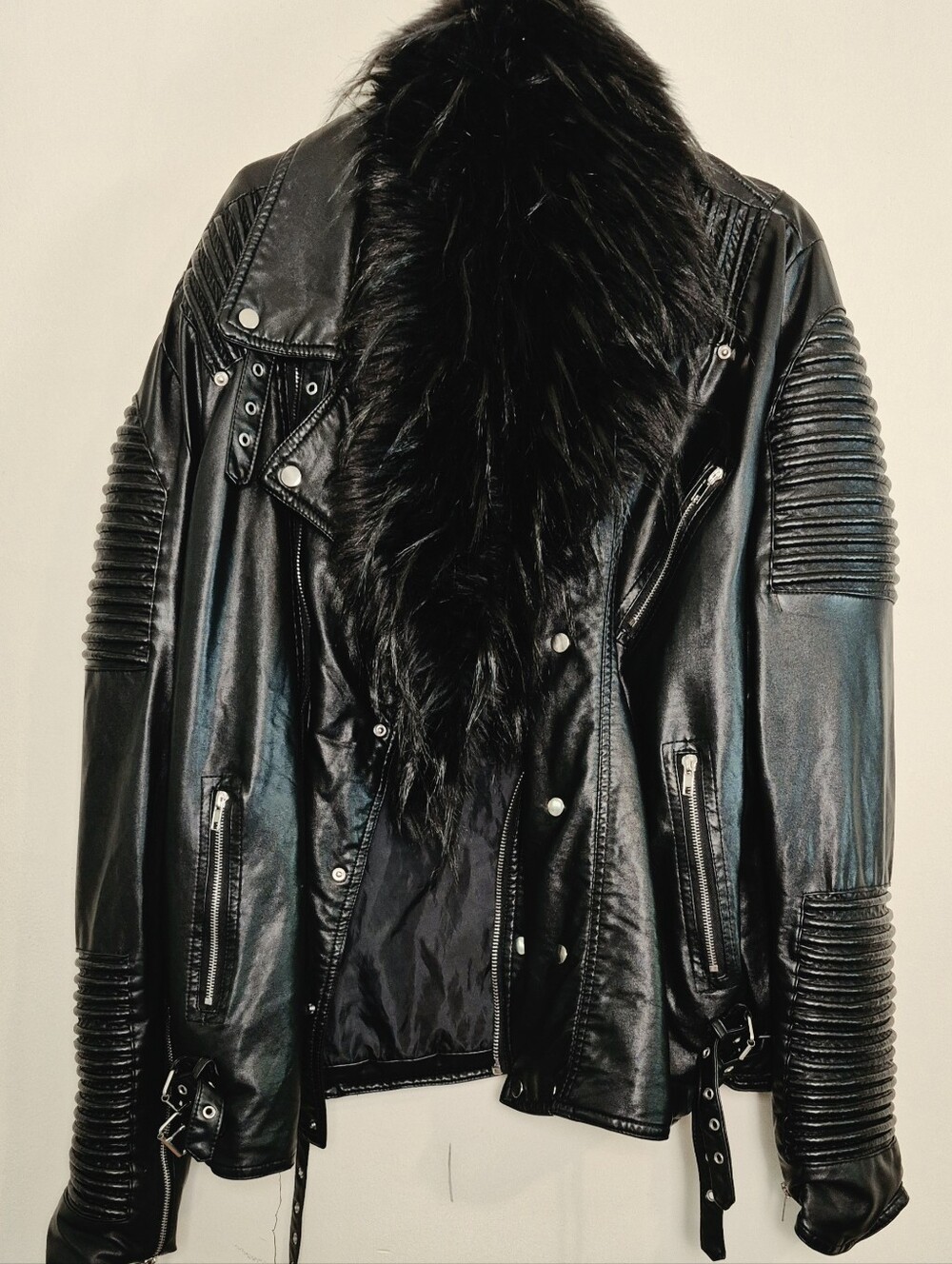 Robert Phillipe Black Faux Leather Bomber Jacket with Plush Fur Collar